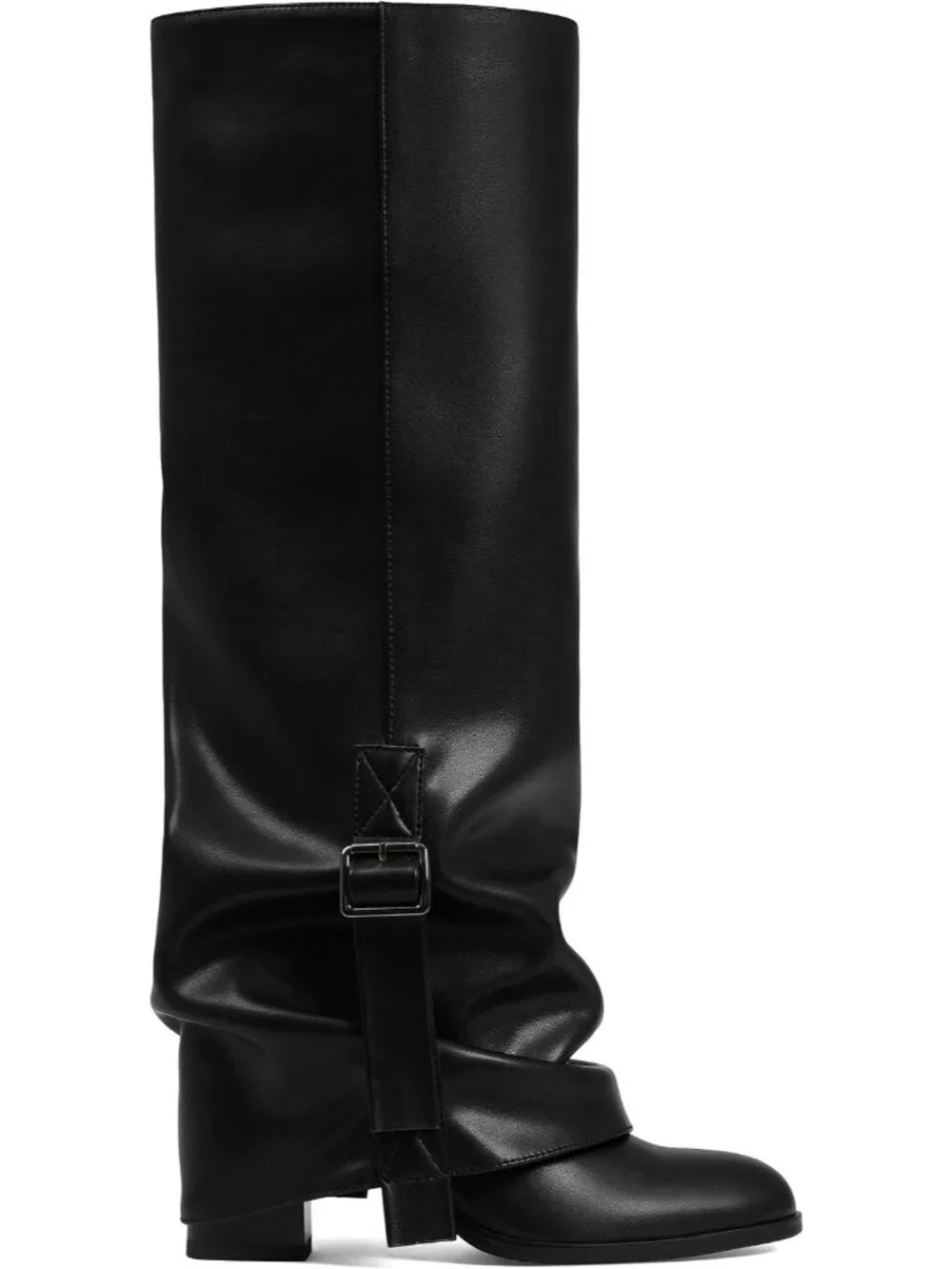 Women's Black Pu Round Toe Chunky Heel Faux Leather Slouch Knee High Boots